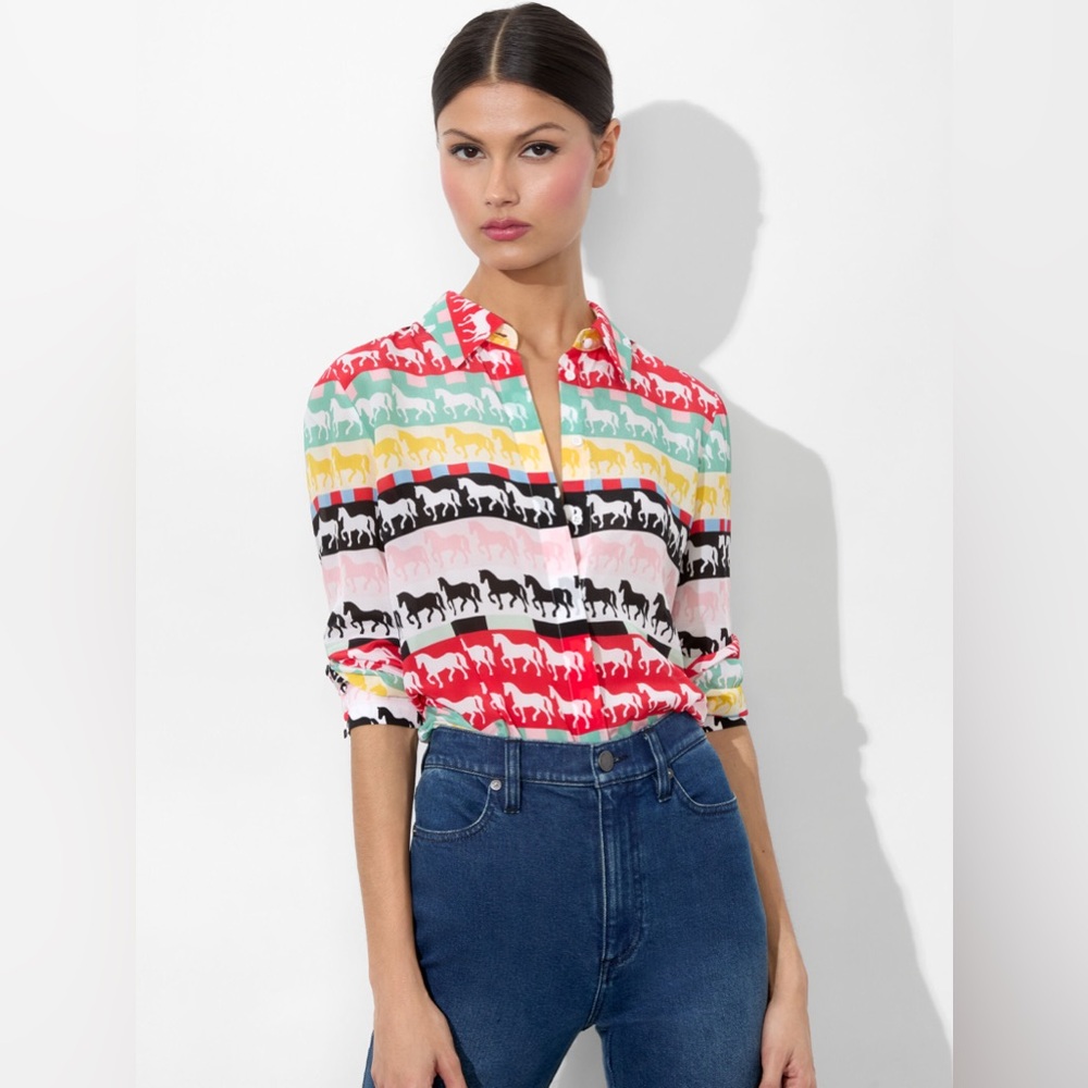 NWT Alice + Olivia Willa Horse Print Long Sleeve Silk Button-Up Shirt Blouse